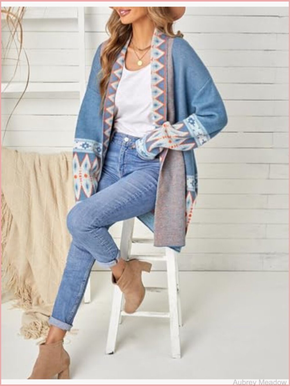 Boho Aztec Cardigan Sweater Shawl Collar Open Front Long Cardigan with Pockets - Picture 5 of 7